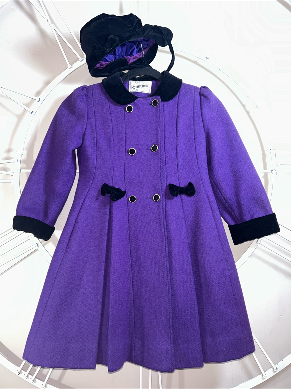 Vintage 2-Piece Rothschild Violet Wool Double-Breasted Coat with Hat
